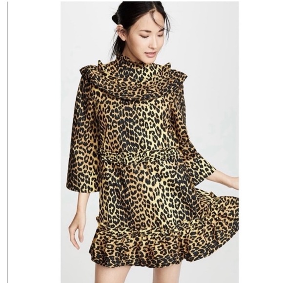 GANNI Leopard Print Ruffle Mini Dress 3/4 Sleeve Yellow Black Size 36 (6) Med - Picture 1 of 16